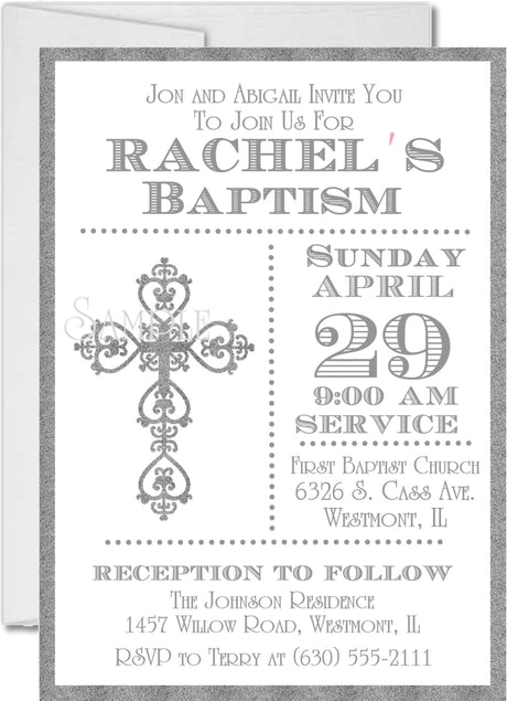 Classic cross baptism invitation in silver design