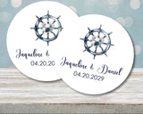 Coastal wedding sticker featuring ship wheel and floral accent