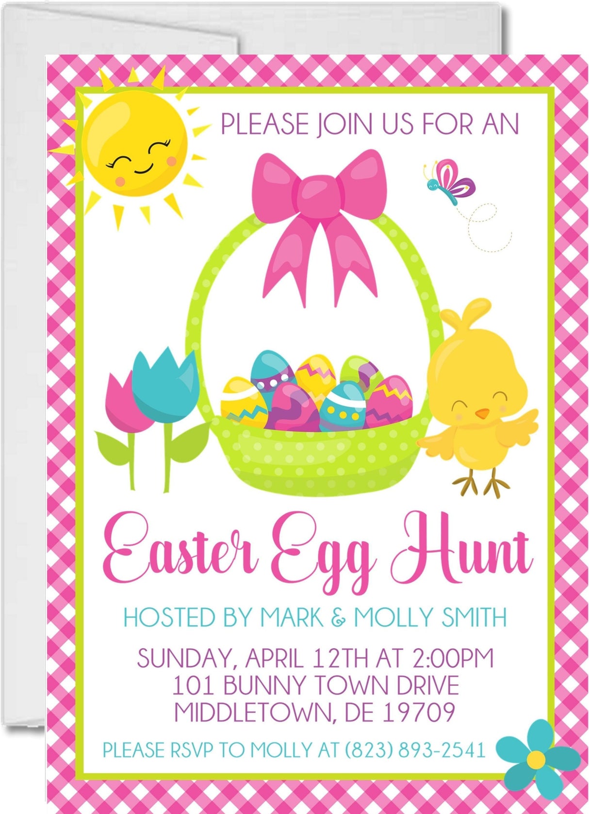 Colorful Easter egg hunt invitation with bunny basket and chick