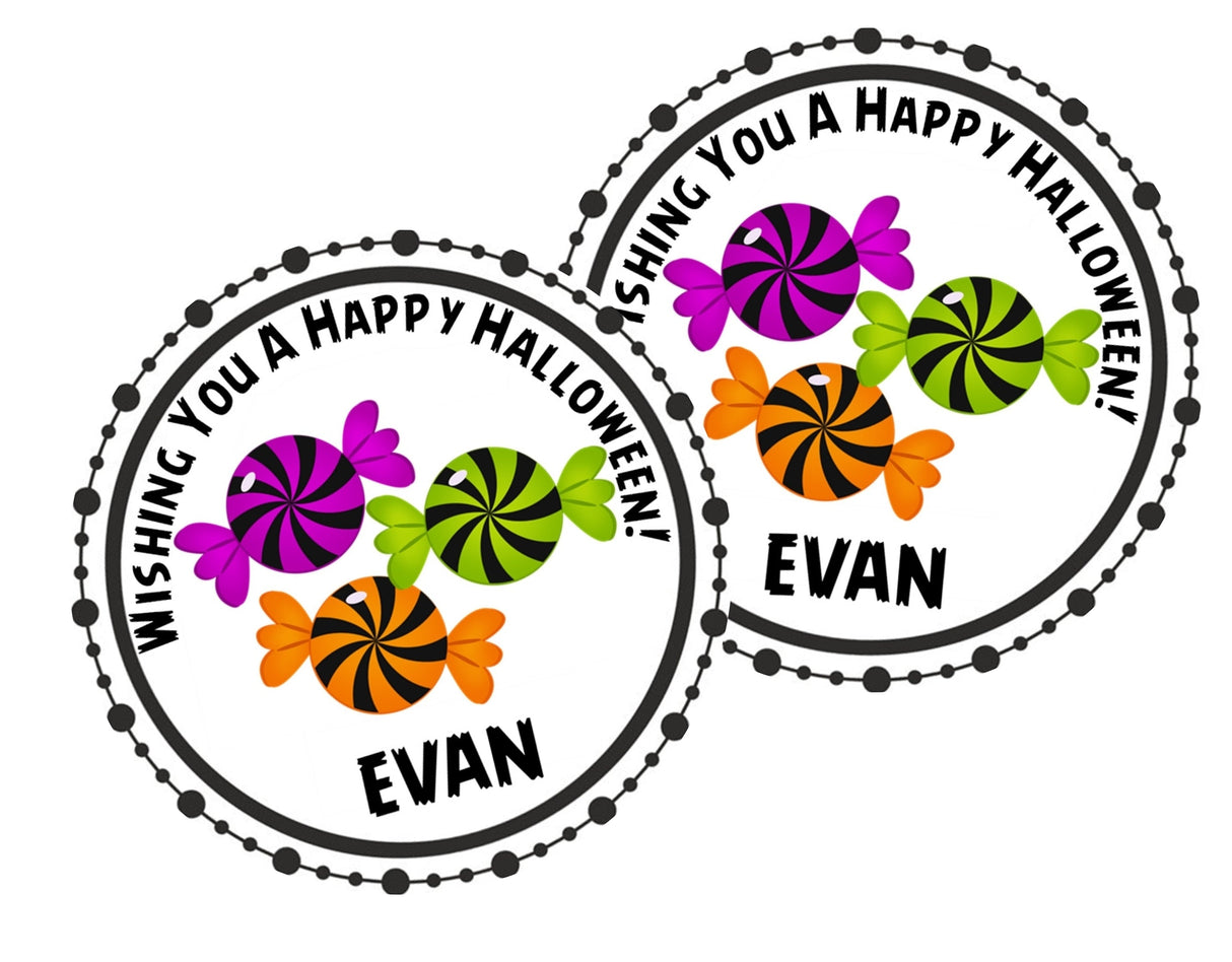 Colorful Halloween candy favor label on black background