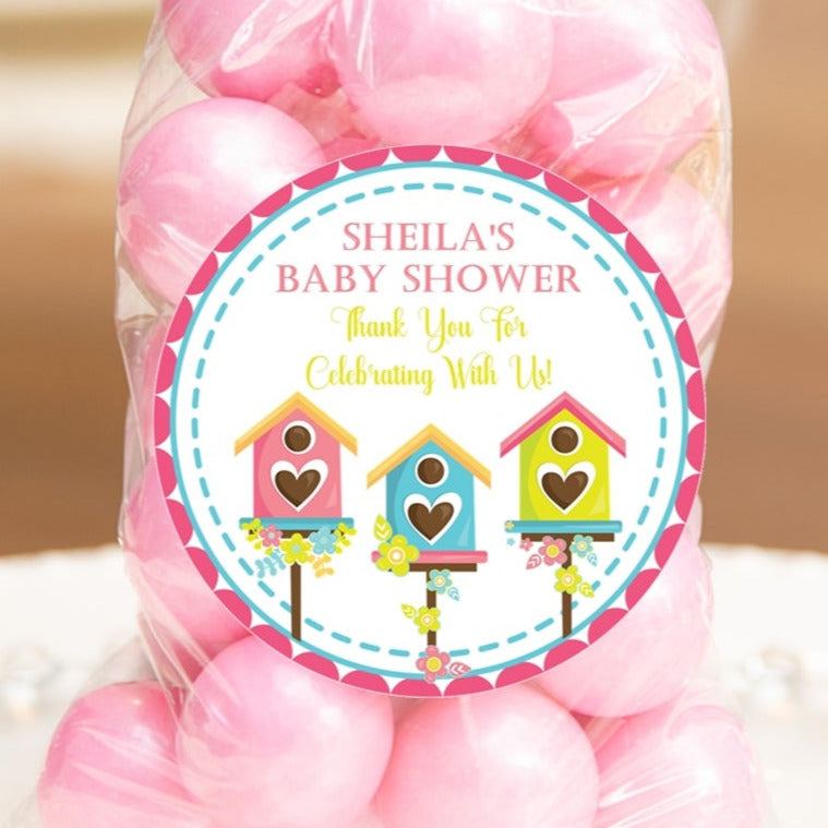 Colorful birdhouse baby shower sticker with flowers and pastel tones