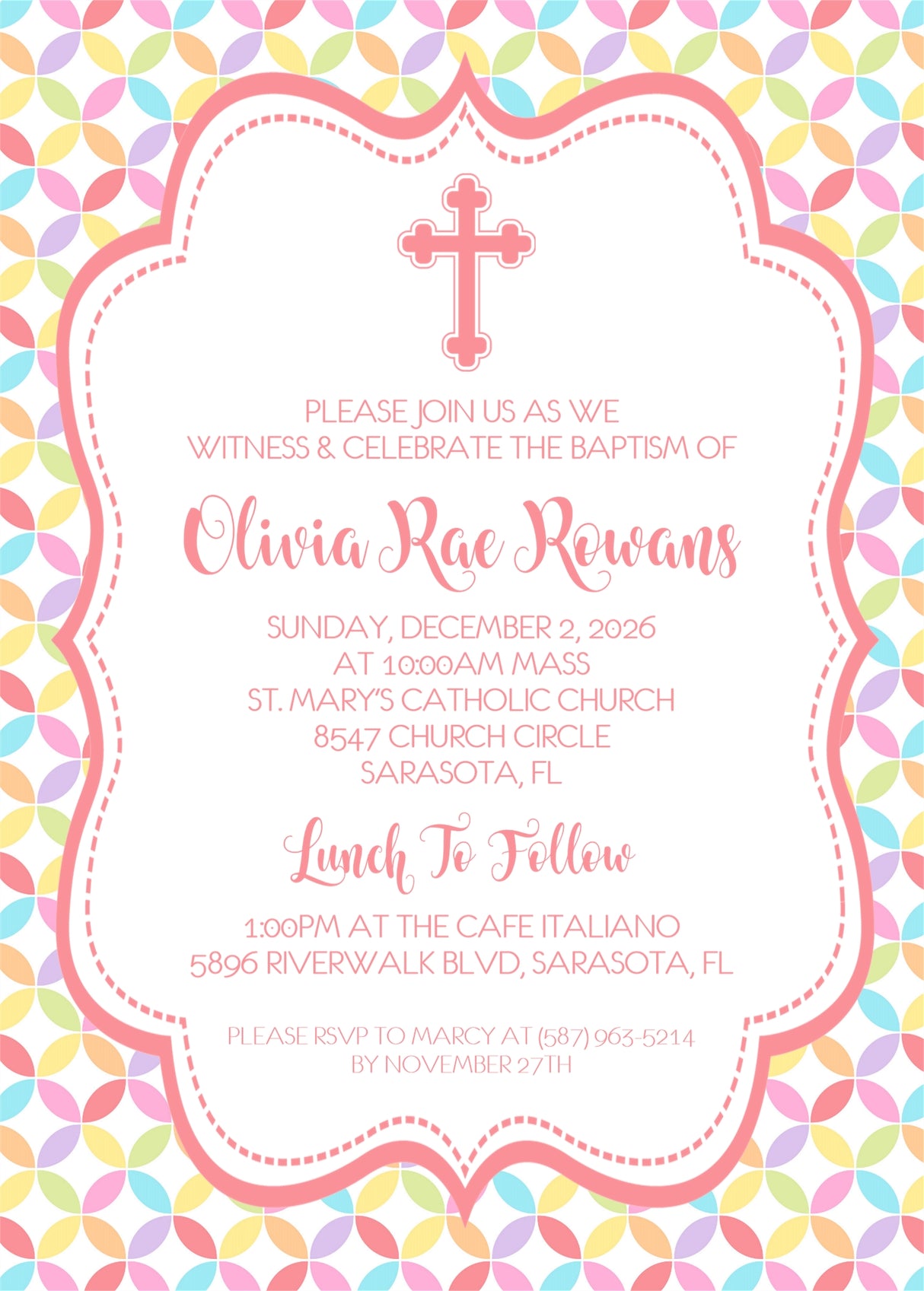 Colorful cross religious invitation with scalloped frame and pastel geometric background