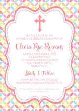 Colorful cross religious invitation with scalloped frame and pastel geometric background