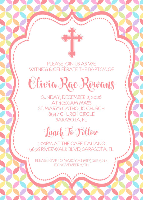 Colorful cross religious invitation with scalloped frame and pastel geometric background