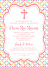 Colorful cross religious invitation with scalloped frame and pastel geometric background