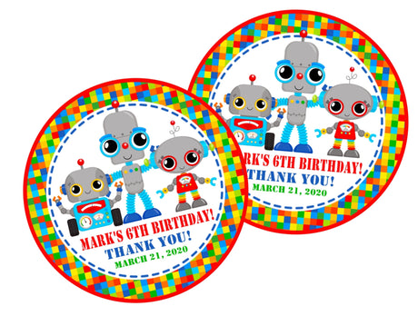Colorful robot birthday sticker with three bright robots and custom name