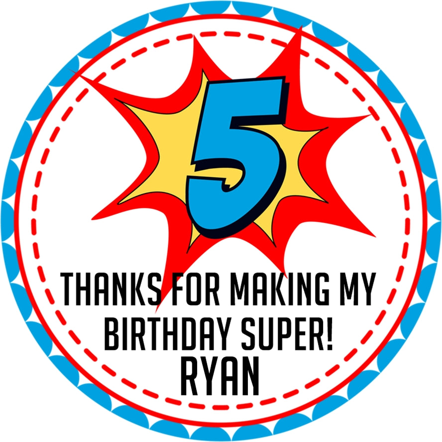 Comics superhero birthday sticker red blue yellow