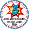 Comics superhero birthday sticker red blue yellow