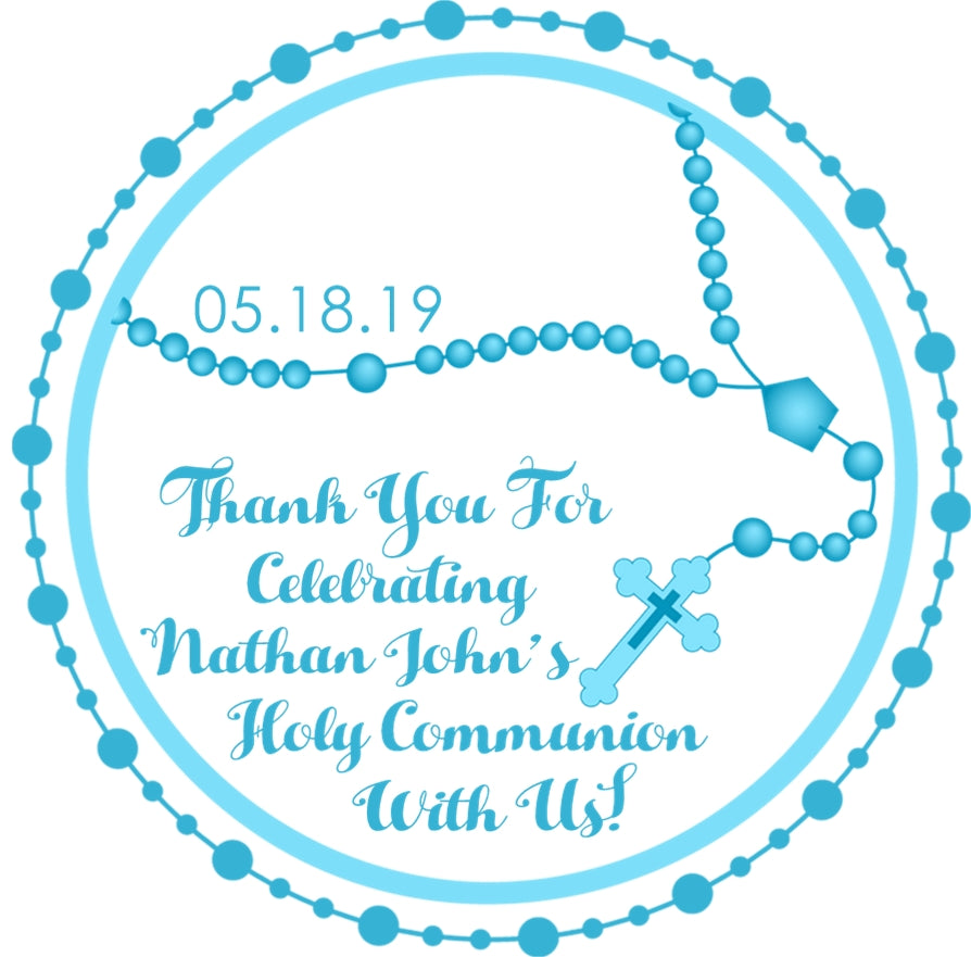 Blue Rosary First Communion Stickers – Personalized Boy First Holy Communion Favor Labels