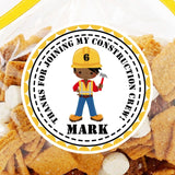 Construction birthday sticker with child’s name and age