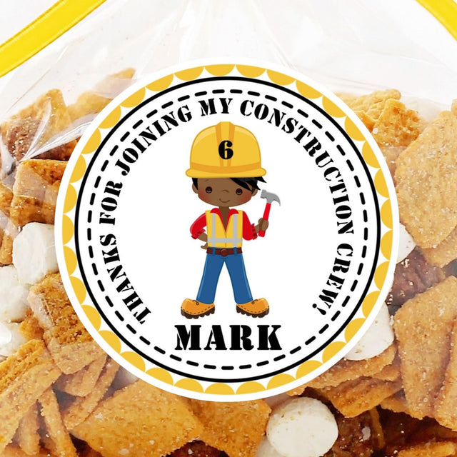 Construction birthday sticker with child’s name and age