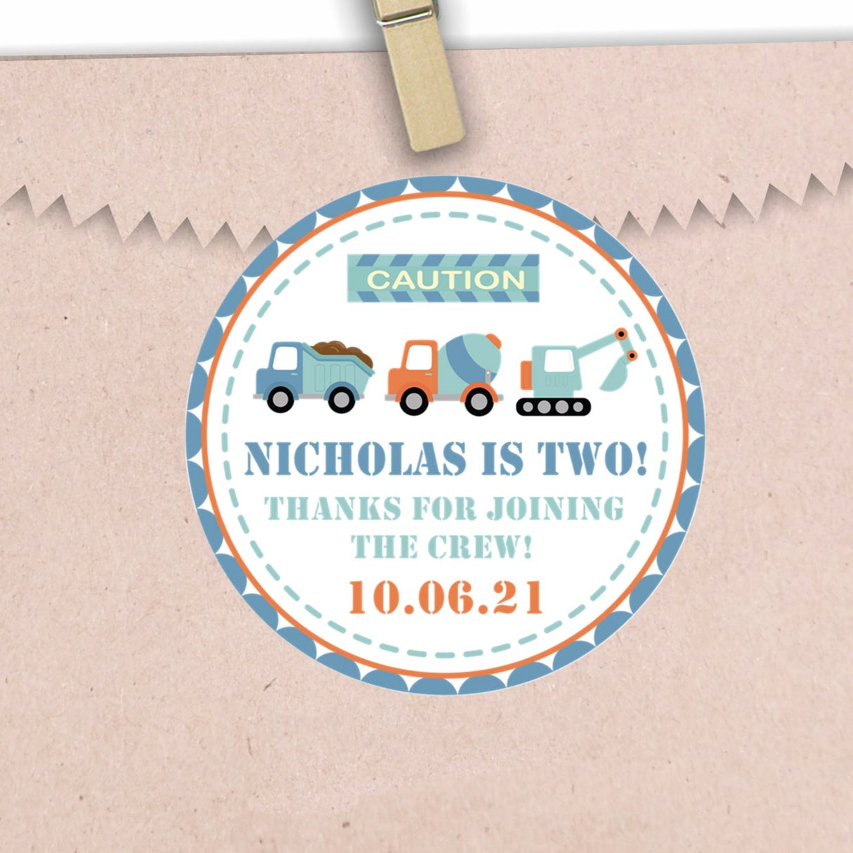 Construction birthday sticker with dump truck, mixer, and excavator