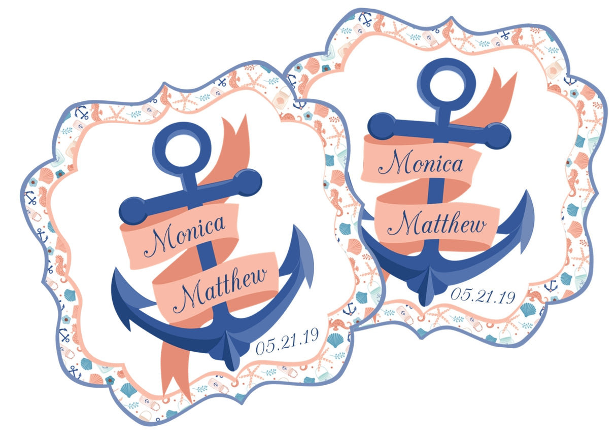 Coral ribbon nautical wedding label