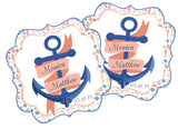 Coral ribbon nautical wedding label