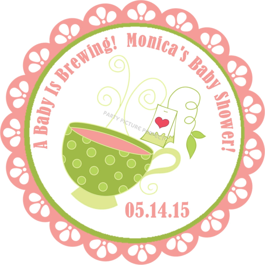 Coral tea baby shower sticker with teacup and baby is brewing text