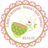 Coral tea baby shower sticker with teacup and baby is brewing text