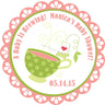 Coral tea baby shower sticker with teacup and baby is brewing text