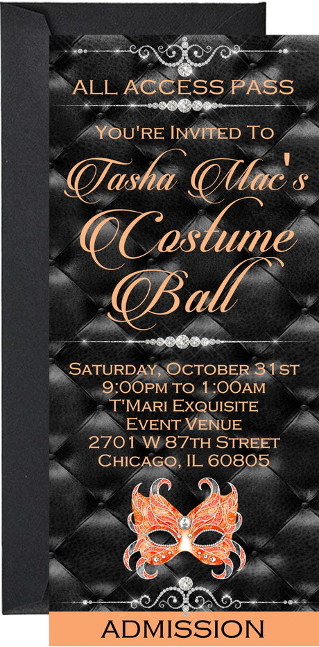 Costume ball admission ticket invitation with orange peach masquerade mask design