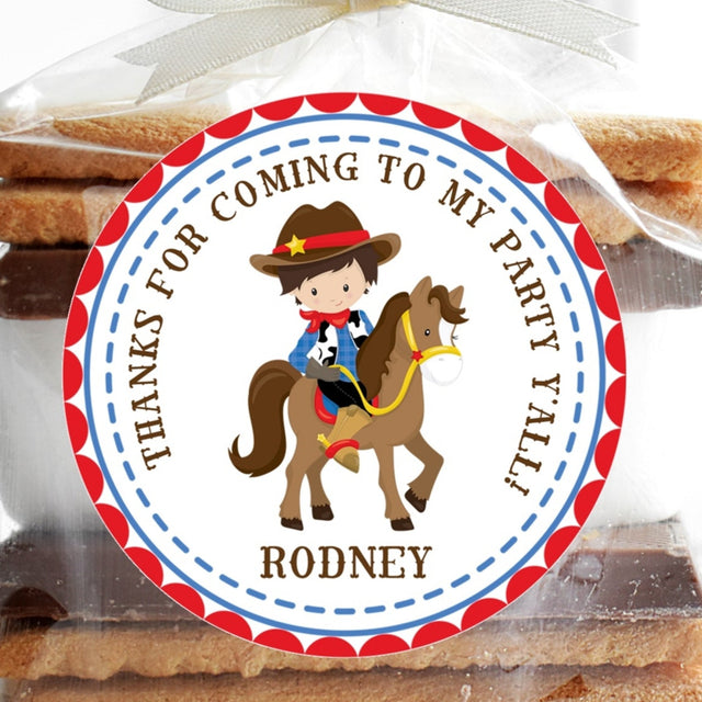 Cowboy birthday sticker with brown horse