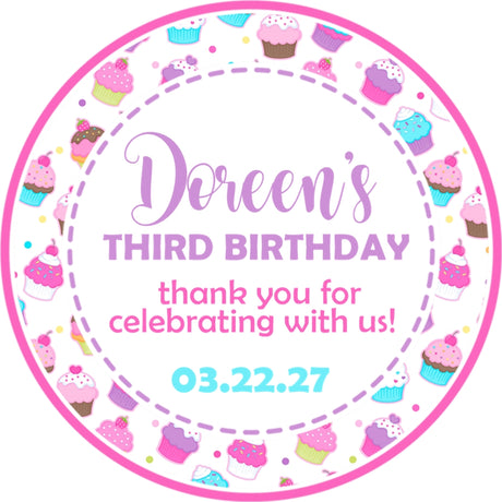 Cupcake birthday sticker with dessert theme and custom name