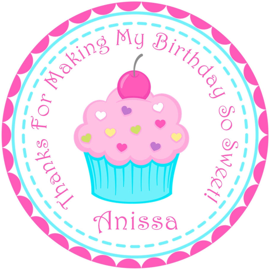 Cupcake birthday sticker with “thanks for making my birthday so sweet” message and pastel colors