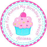 Cupcake birthday sticker with “thanks for making my birthday so sweet” message and pastel colors