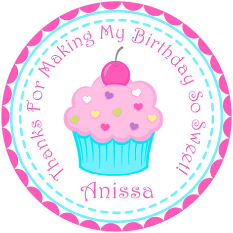 Cupcake birthday sticker with “thanks for making my birthday so sweet” message and pastel colors