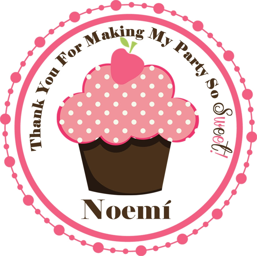 Cupcake party favor sticker with strawberry topping and personalized name
