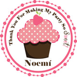 Cupcake party favor sticker with strawberry topping and personalized name