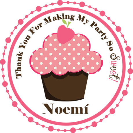 Cupcake party favor sticker with strawberry topping and personalized name