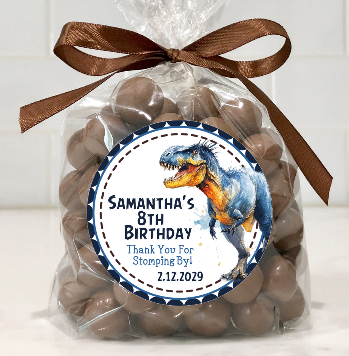 Custom T-Rex sticker for dinosaur birthday celebrations