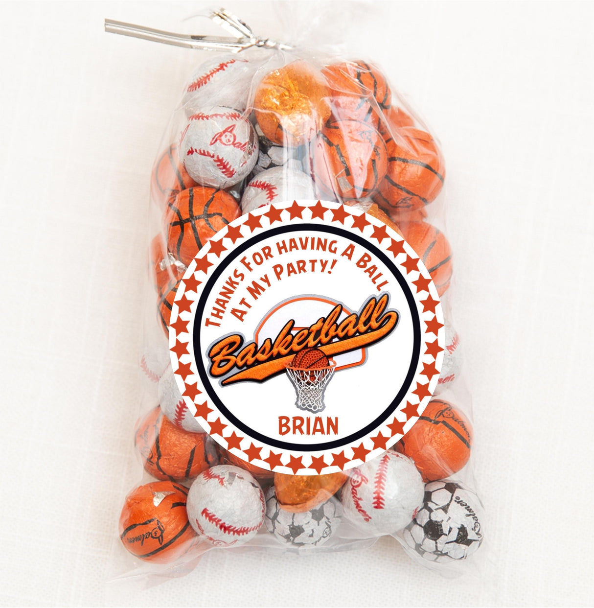 Custom basketball treat bag sticker for kids sports party