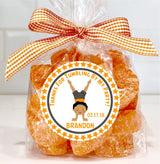 Custom boys gymnastics party favor sticker with name and date