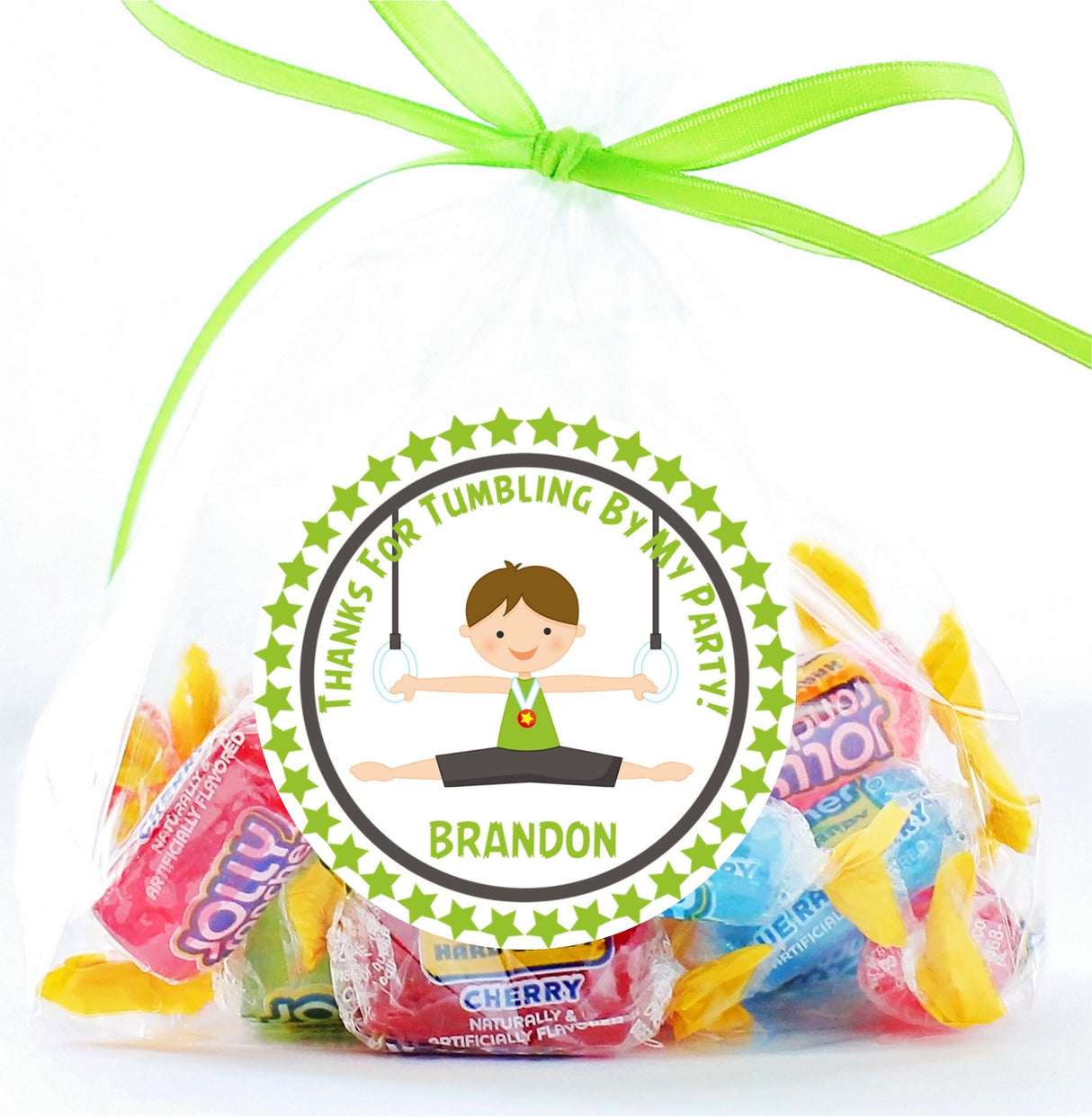 Custom boys tumbling birthday treat bag sticker design