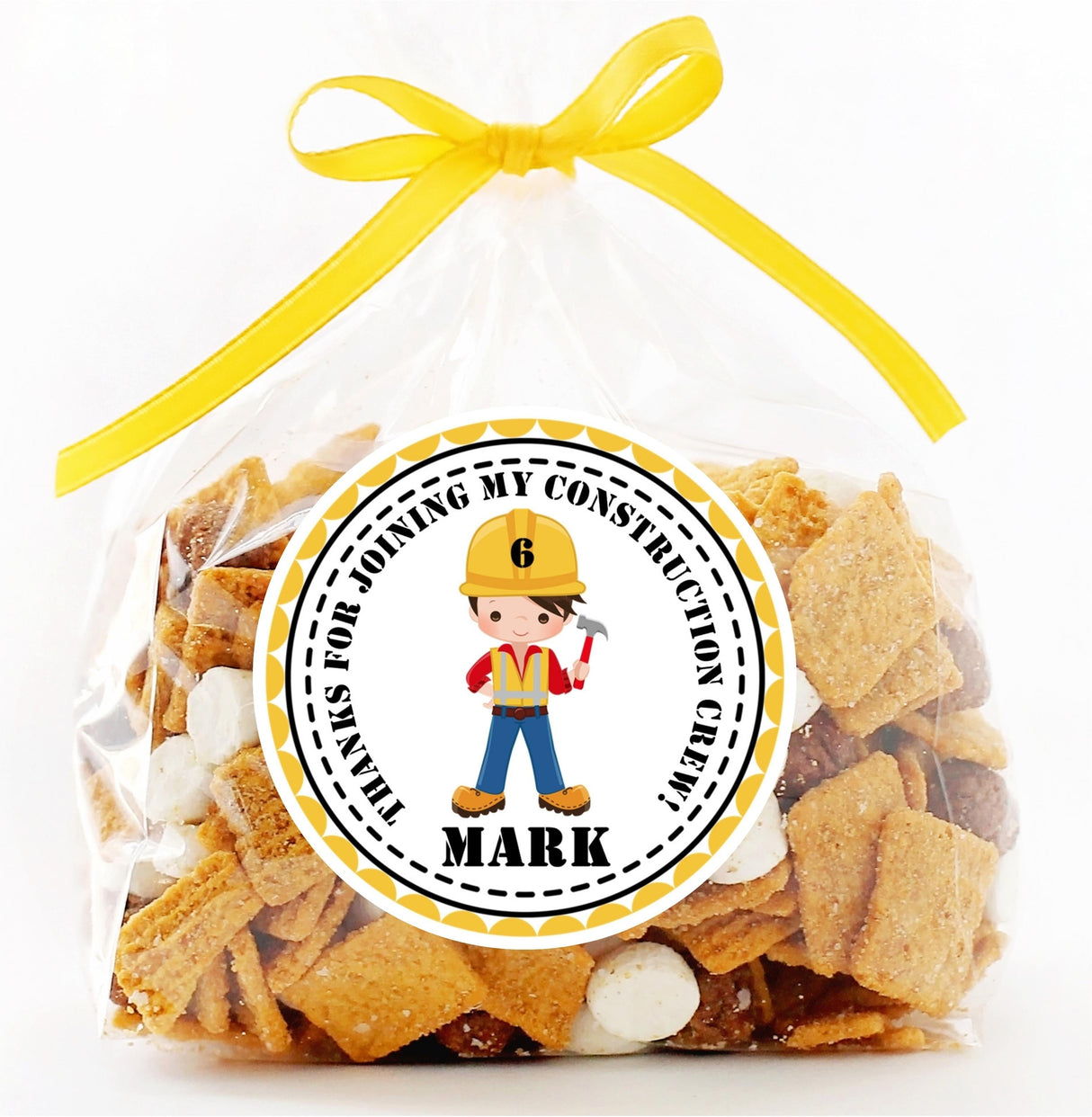 Custom construction crew birthday favor sticker with character options