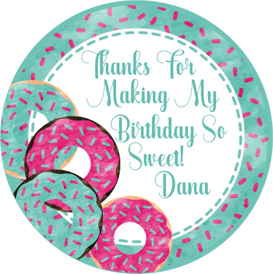 Custom donut party favor label with aqua sprinkle border