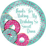 Custom donut party favor label with aqua sprinkle border