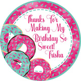 Custom donut party favor label with bright colorful donut border