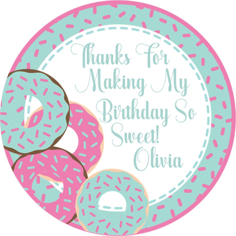 Custom donut party favor label with colorful donut artwork