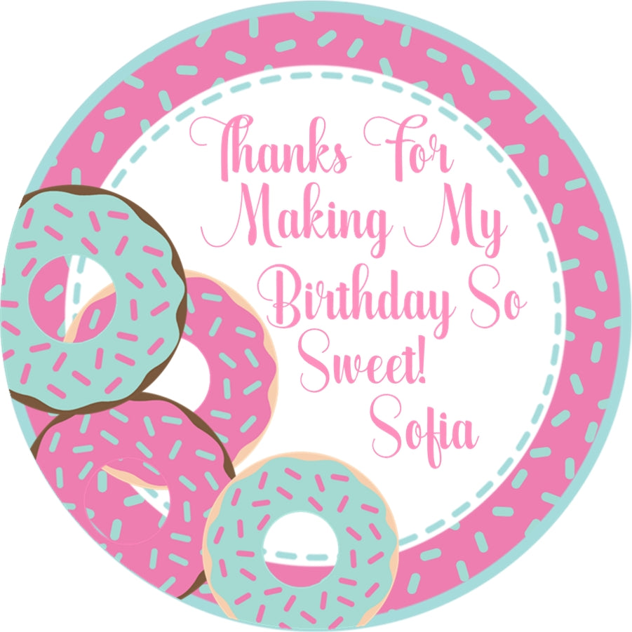 Custom donut party favor label with pastel donut artwork