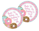 Custom donut party favor label with pink frosted donut
