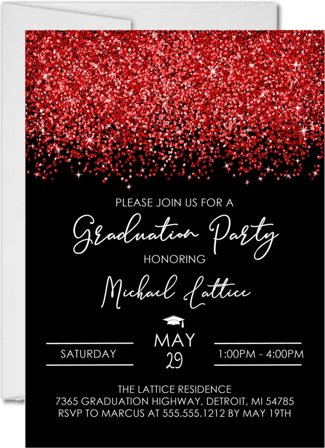 Custom graduation party invitation with red confetti and modern script typography