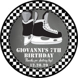 Custom hockey and ice skating birthday label with monochrome design