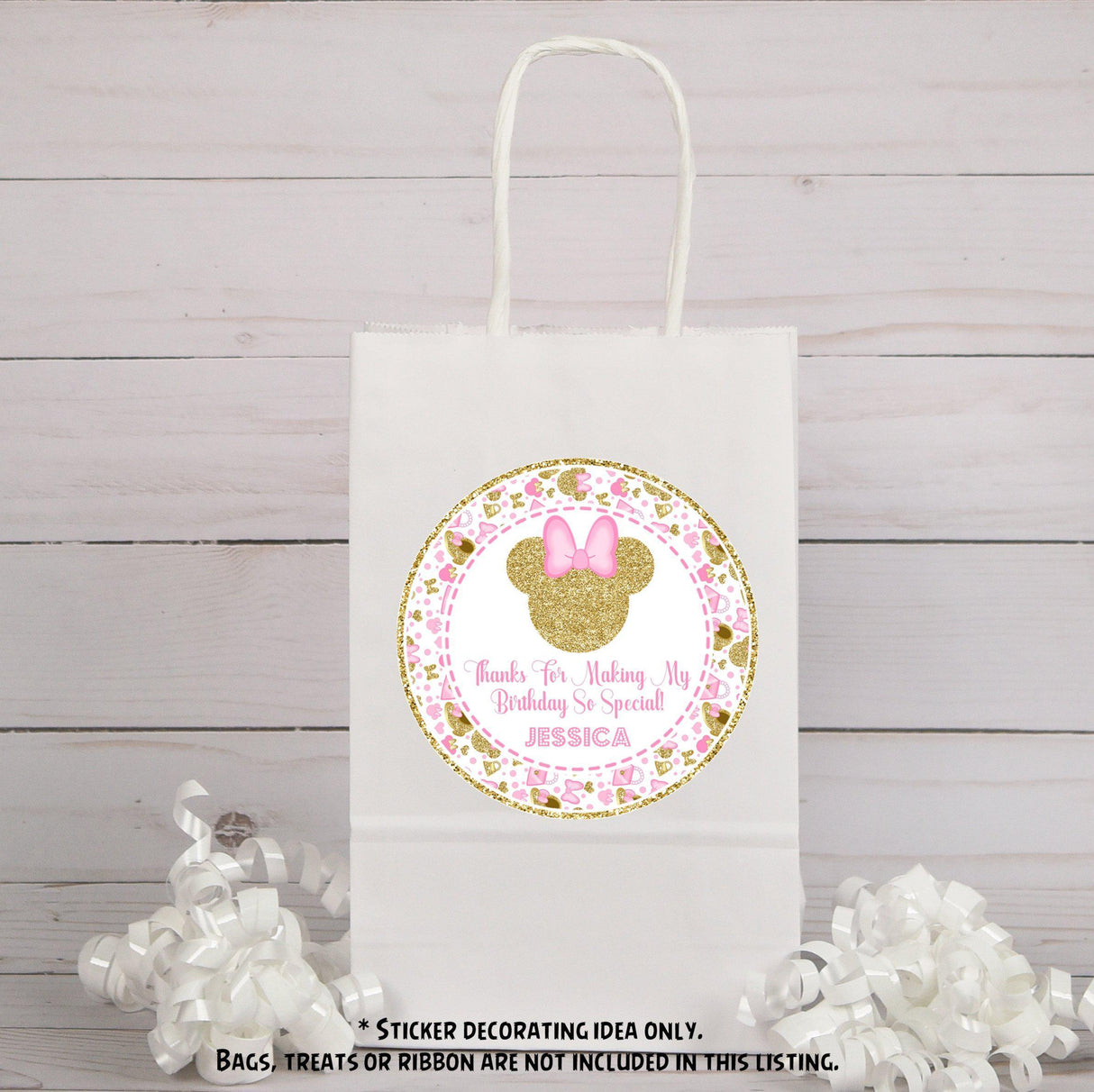 Custom pink Minnie birthday thank you sticker design