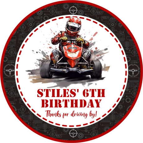 Custom racing party favor label with go-kart driver