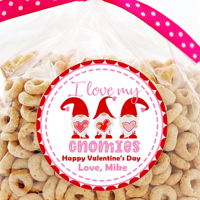 Cute Valentine gnomes holding hearts on pink classroom sticker