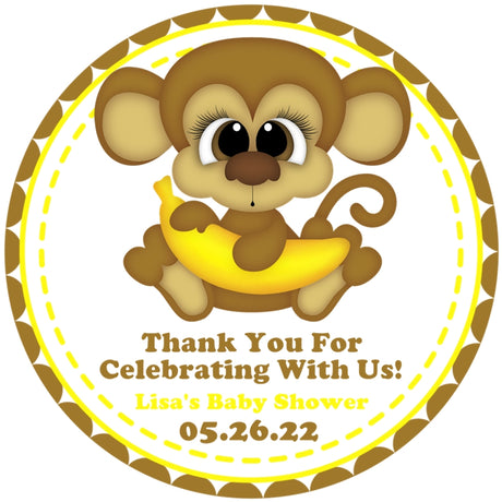 Cute monkey baby shower sticker with yellow accents and banana