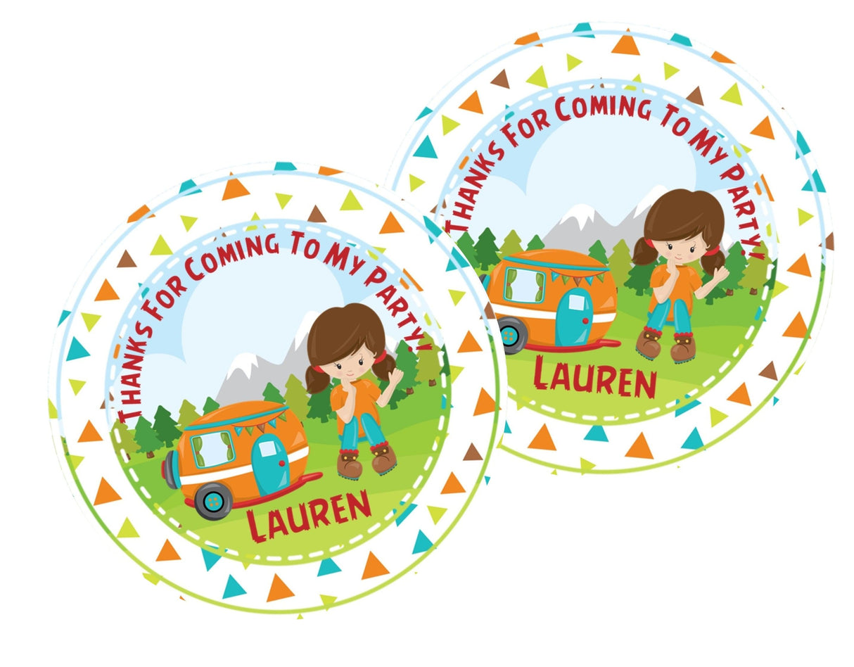 Cute outdoor adventure sticker featuring girl camper design