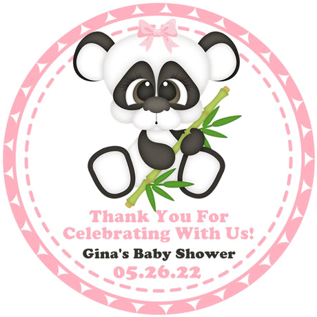 Cute panda baby shower sticker with pink border and bow detail