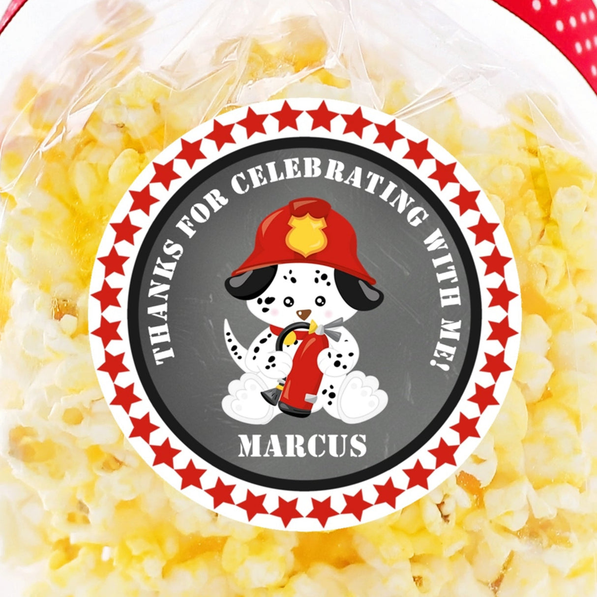 Dalmatian firefighter birthday sticker with red helmet